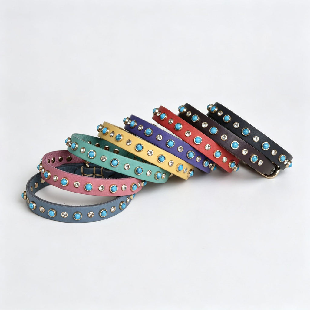 Genuine Leather Dog Collar Inlaid Turquoise & Rhinestones Handmade Soft full grain leather Collar for Small medium dogs