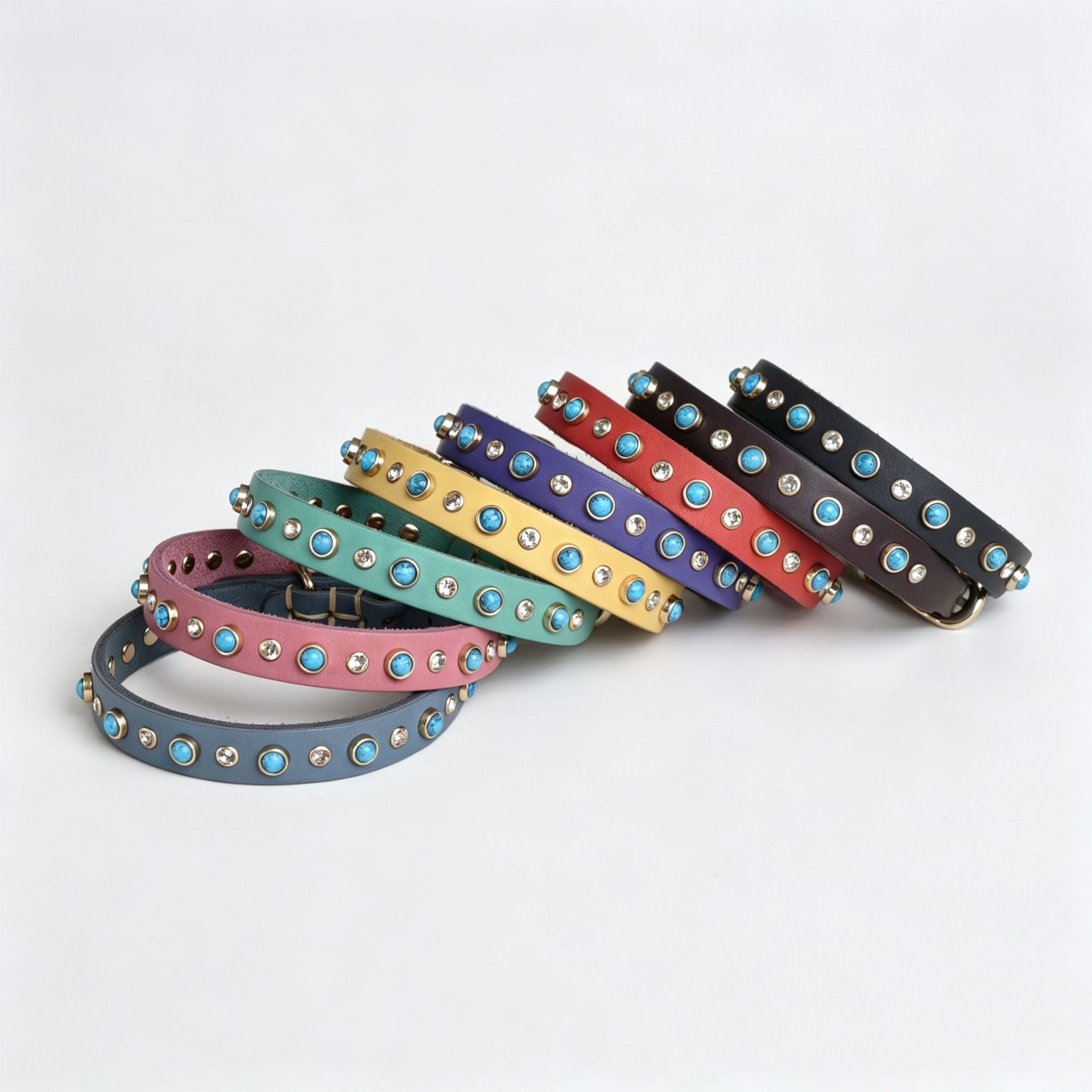 Genuine Leather Dog Collar Inlaid Turquoise & Rhinestones Handmade Soft full grain leather Collar for Small medium dogs
