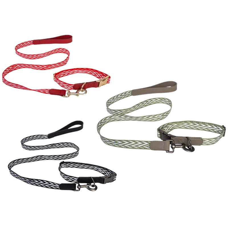 striped Webbing Dog Collar and Leash Set PU Leather Trim Adjustable Pet Collar Jacquard Woven Boho Dog Collar