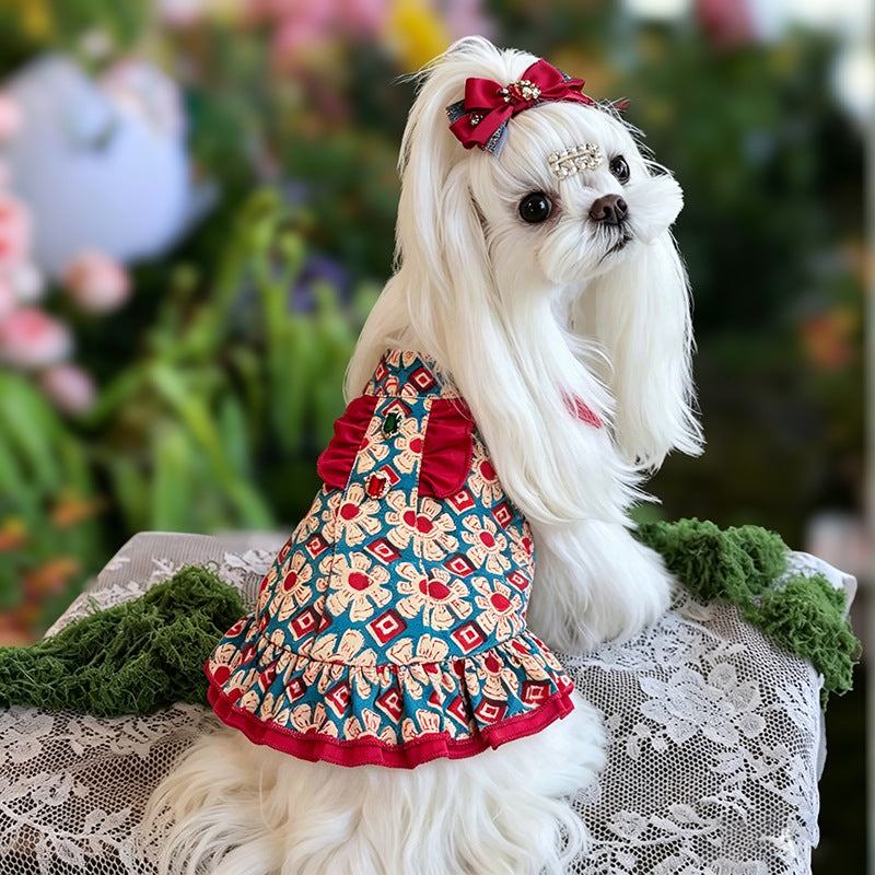 Vintage Floral Cotton Dog Dress with Red Ruffle Trim Bow & Jewel Accents Bohemian Princess Outfit for Small Dogs