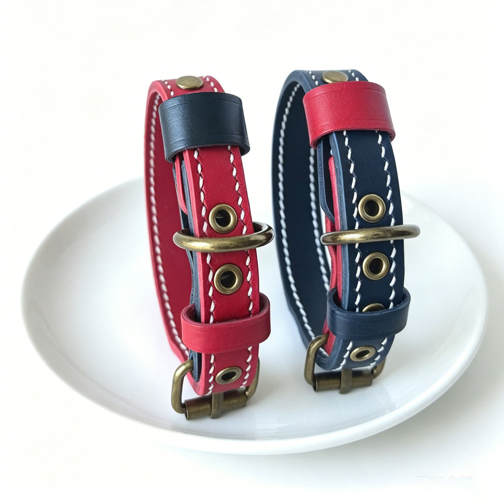 Double Layer Genuine Leather Dog Collar Adjustable Anti-Pull Dog Collar Heavy Duty Leather Pet Collar for Medium Large Dogs