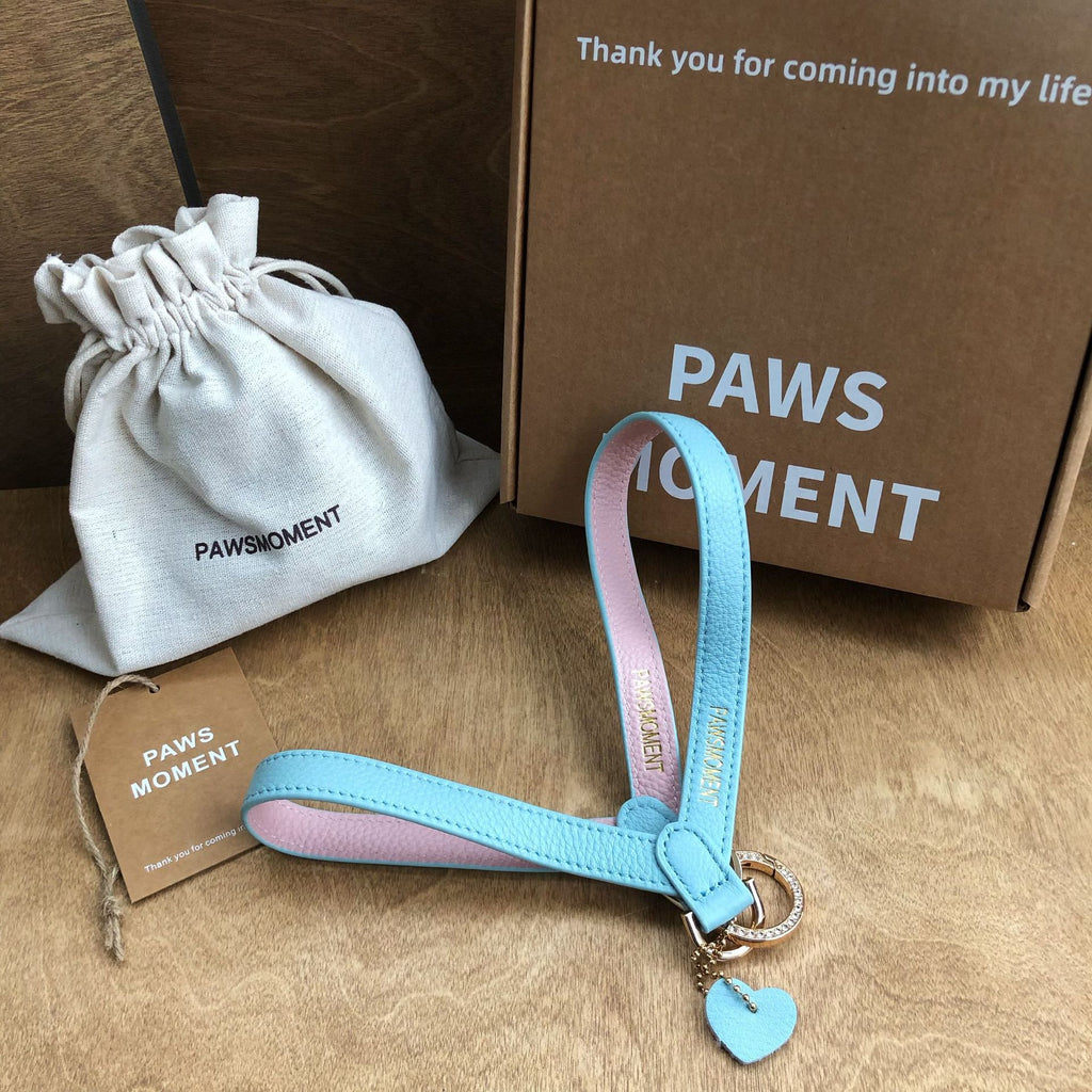 Genuine Leather Dog Leash Lightweight Two-Tone Pet Walking Lead with Rhinestone Ring & Heart Charm Adjustable Soft Leather Puppy Leash for Small Cats Dogs