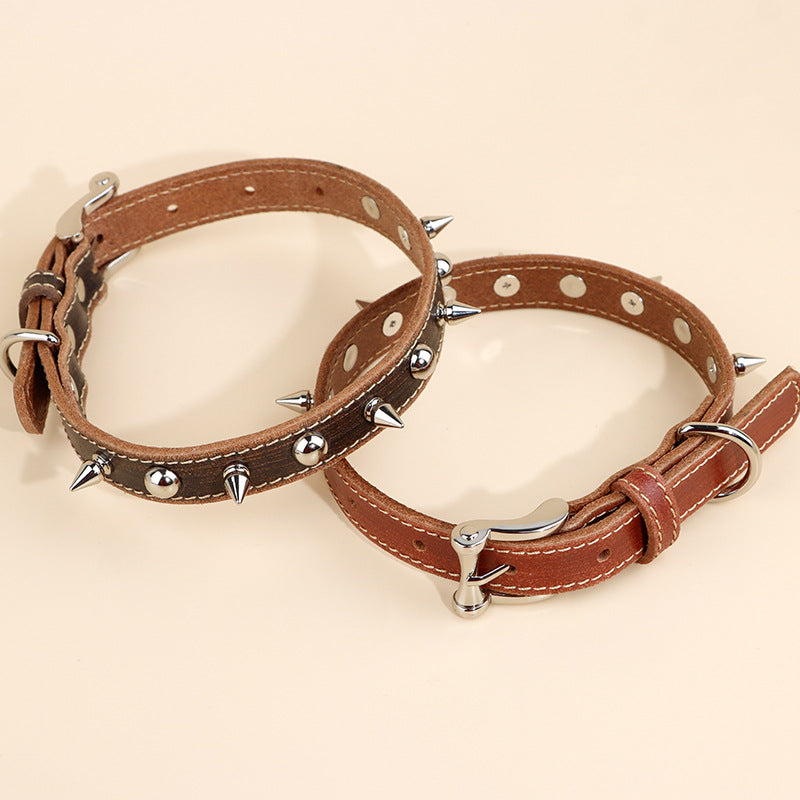Genuine Leather Spiked Dog Collar Sharp Studded Anti-Bite Pet Collar Adjustable Heavy Duty Leather Collar for small medium dogs
