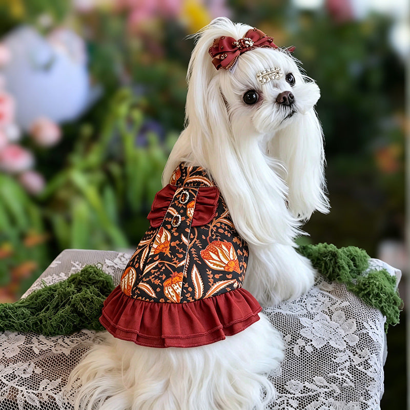 Bohemian Floral Cotton Dog Princess Dress with Red Ruffle Hem Bow & Jewel Accents  Elegant Outfit for Small Breeds Ideal for Birthdays & Weddings