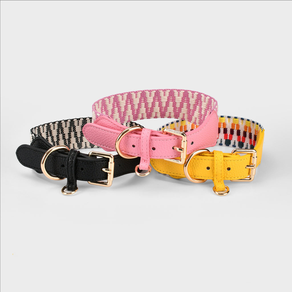 4cm Wide striped Webbing Dog Collar and Leash Set Genuine Leather Trim Adjustable Pet Collar Jacquard Woven Boho Dog Collar