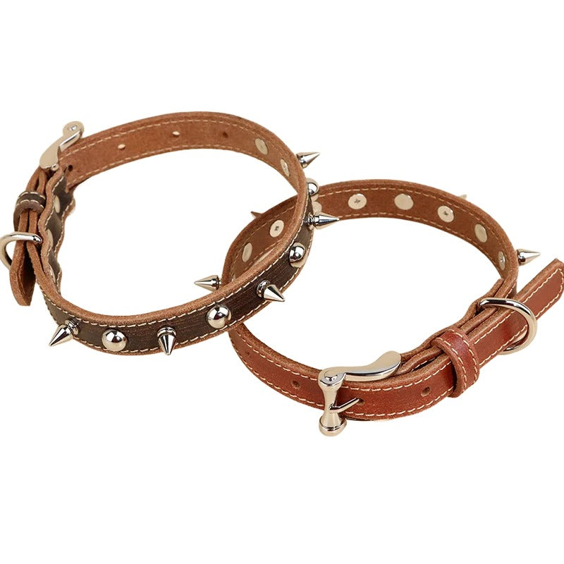 Genuine Leather Spiked Dog Collar Sharp Studded Anti-Bite Pet Collar Adjustable Heavy Duty Leather Collar for small medium dogs