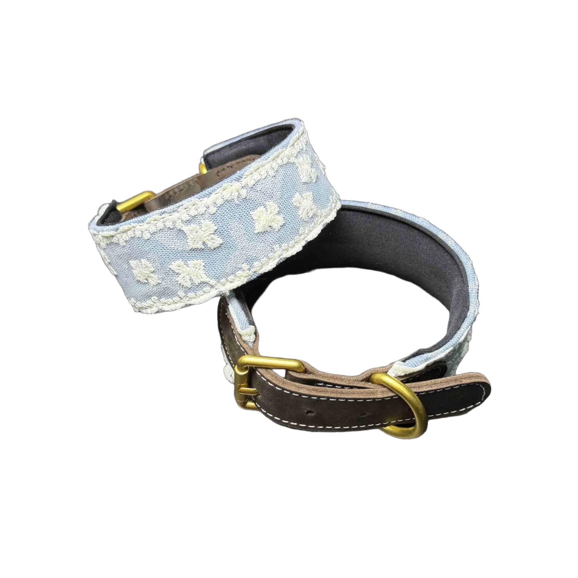 3.8cm Wide Soft Lace Embroidered Pet Collar Full‑Grain Genuine Leather Dog Collar adjustable Heavy‑Duty Dog walking Collar