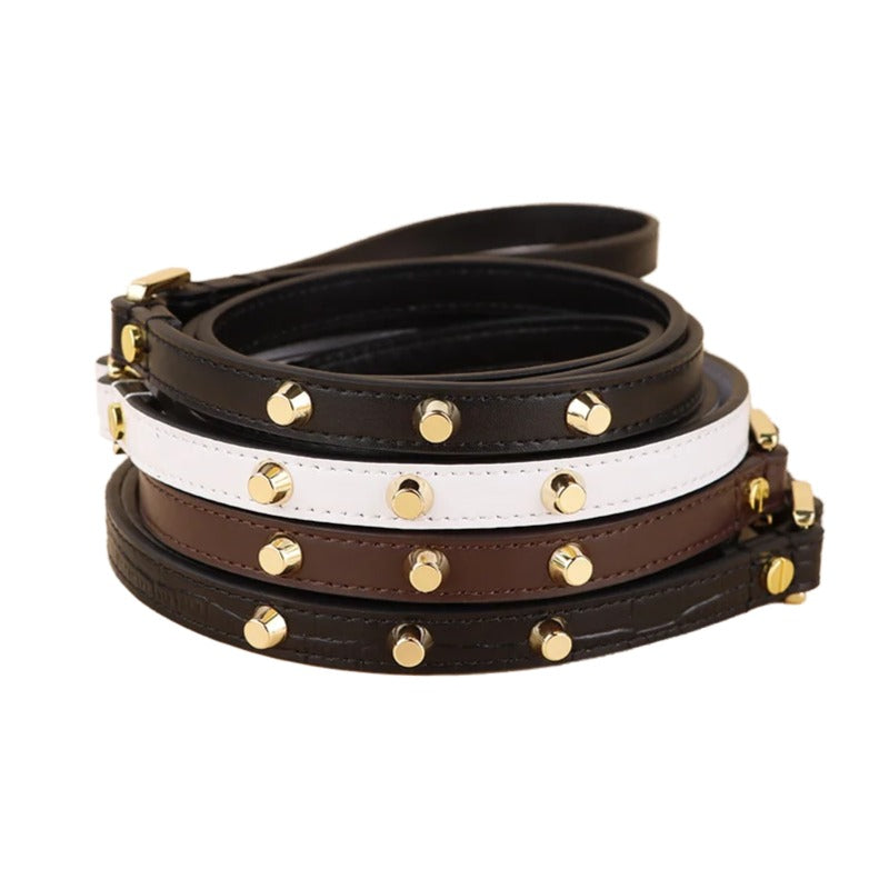 Genuine Leather Dog Leash Thin Stylish Pet Walking Leash with Gold Round Studs Adjustable Soft Leather Puppy Lead