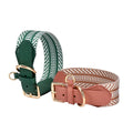 Wide striped Webbing Dog Collar and Leash Set Genuine Leather Trim Adjustable Pet Collar Jacquard Woven Boho Dog Collar
