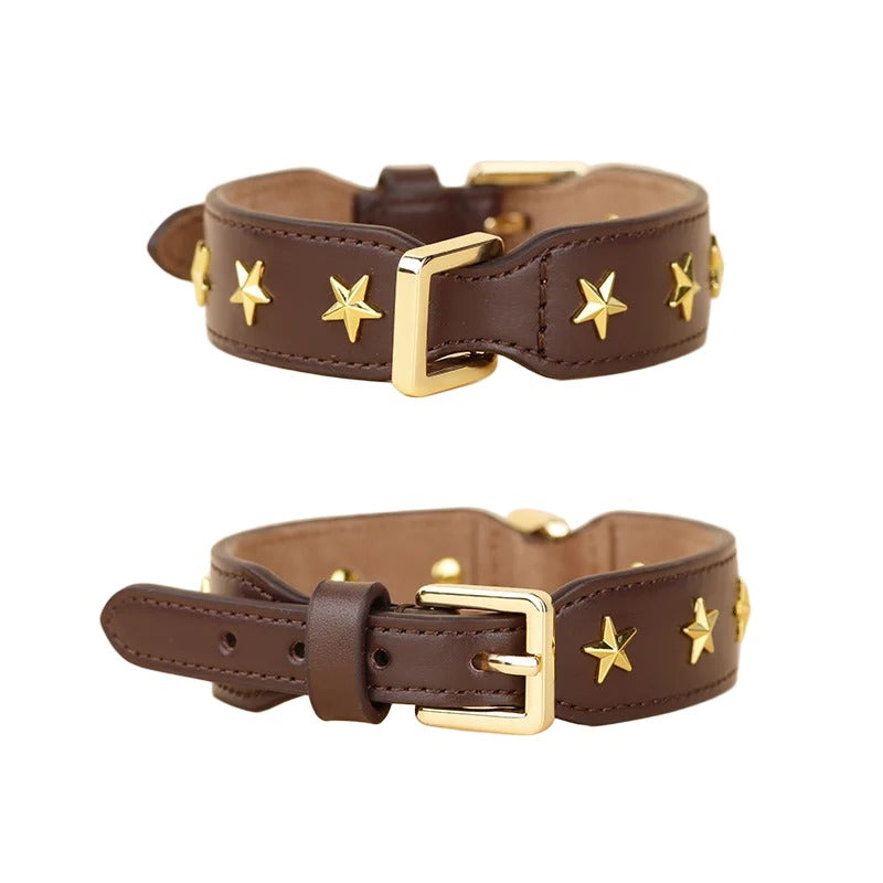 genuine Leather Pet Collar with Gold Metal Star Rivets Adjustable Soft Star Studded Leather Dog Collar wide Dog walking collar