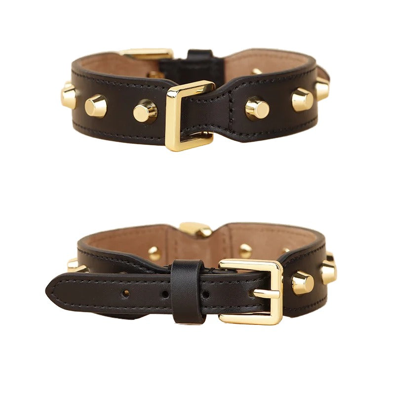 Genuine Leather Dog Collar with Gold Rivet Studs Adjustable Heavy Duty Collar for Small Medium Dogs pet walking training collar