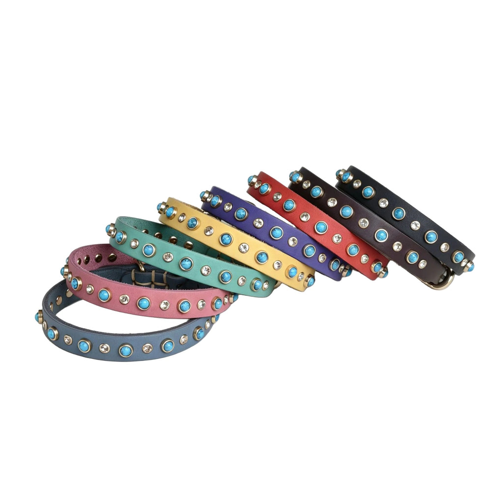 Genuine Leather Dog Collar Inlaid Turquoise & Rhinestones Handmade Soft full grain leather Collar for Small medium dogs