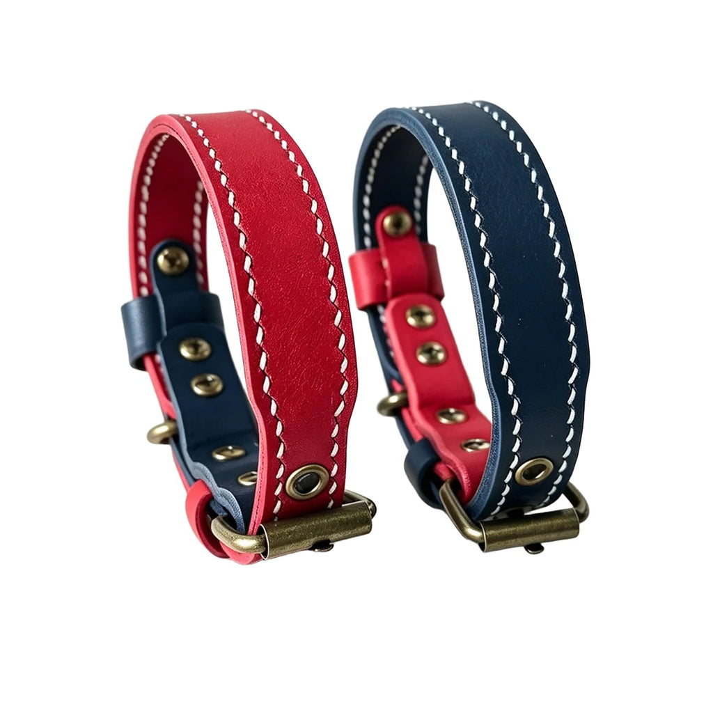 Double Layer Genuine Leather Dog Collar Adjustable Anti-Pull Dog Collar Heavy Duty Leather Pet Collar for Medium Large Dogs