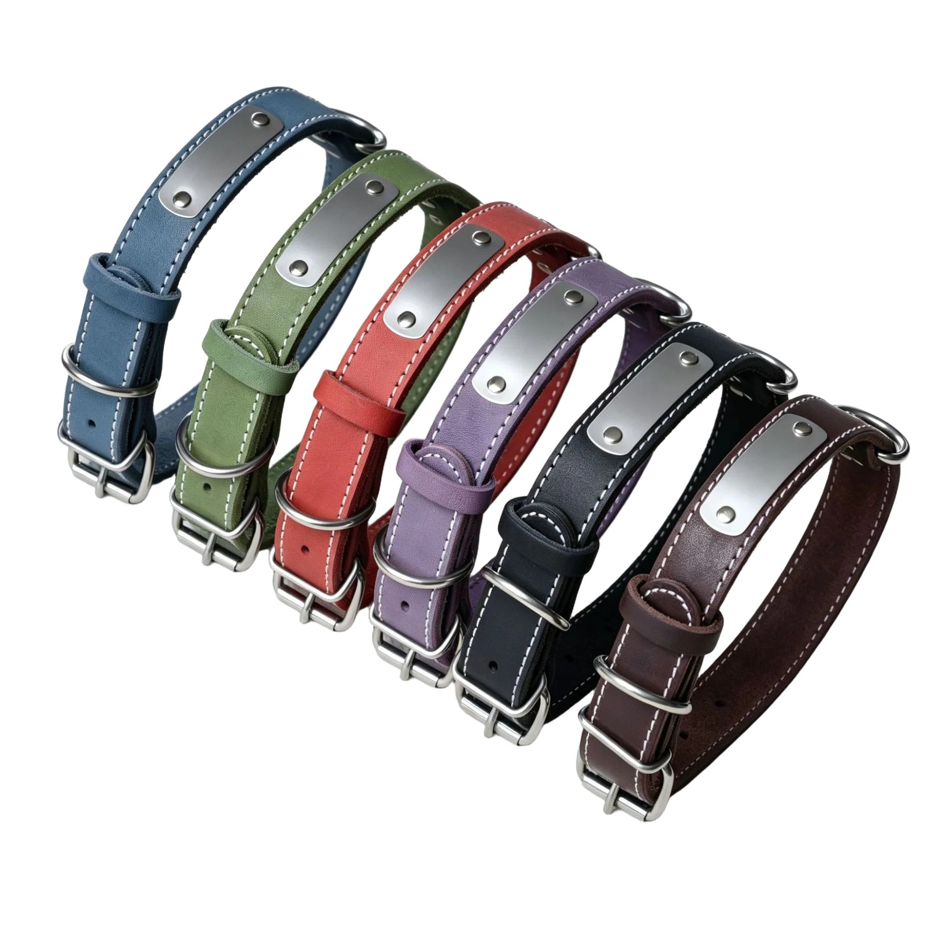 Genuine Leather Dog Collar with Custom Stainless Steel Name Plate Adjustable Heavy Duty Anti‑Pull Pet Collar for Daily Walking
