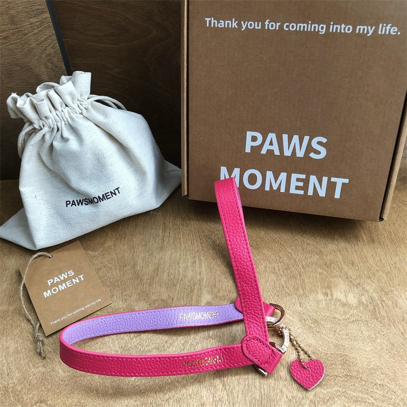 Genuine Leather Dog Leash Lightweight Two-Tone Pet Walking Lead with Rhinestone Ring & Heart Charm Adjustable Soft Leather Puppy Leash for Small Cats Dogs