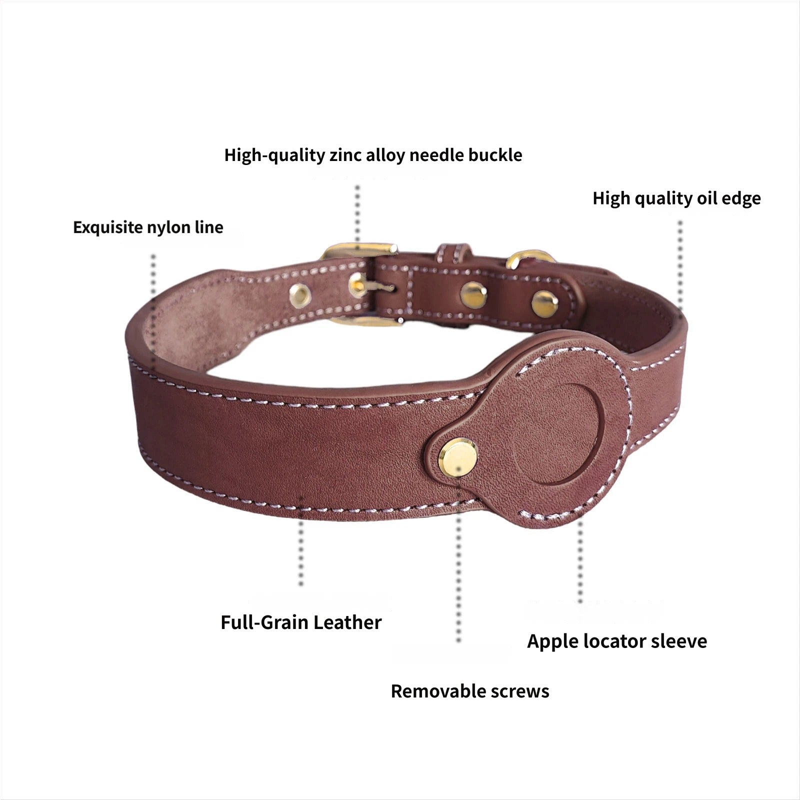 Genuine Cowhide Leather AirTag Dog Collar Adjustable Leather Pet Collar Built-in AirTag Holder Case Compatible with Apple AirTag Multiple Colors Anti-Lost Dog Collar for Small Medium Large Dogs