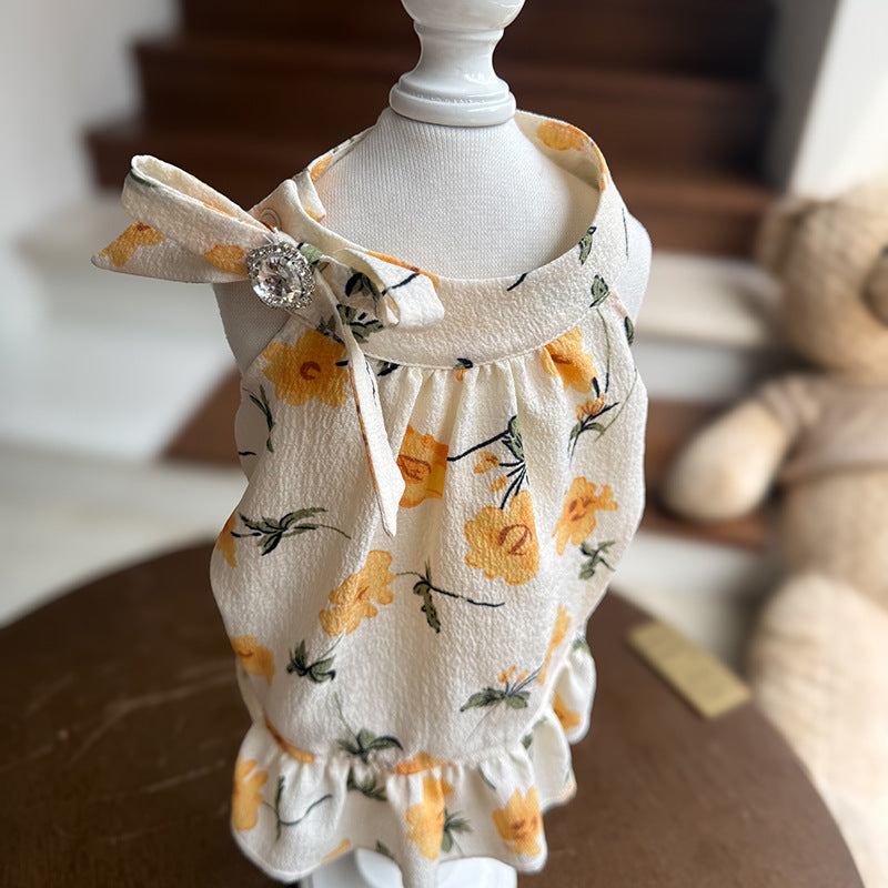 Cotton Yellow Floral Sling Dog Dress with Bow & Rhinestone ruffle Princess Outfit for Maltese Yorkie Shih Tzu Bichon  Birthday Wedding Party Pet Costume