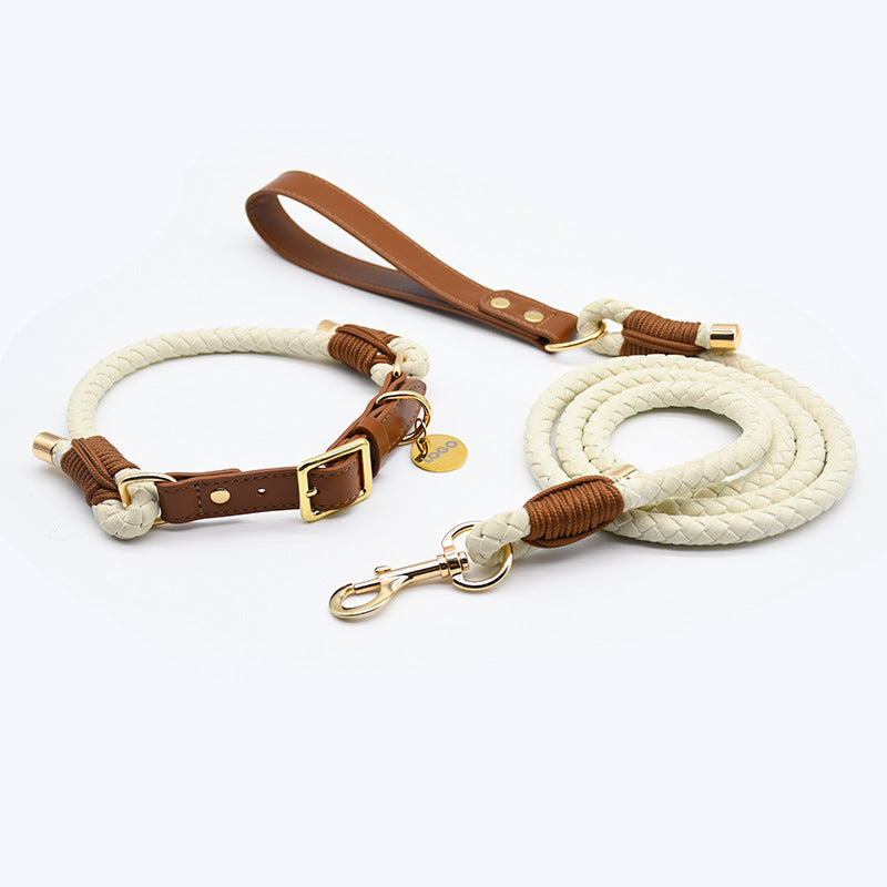 Hand Braided Rope Dog collar and Leash PU leather adjustable pet collar Multi-Functional Heavy Duty Walking Training Dog Leash