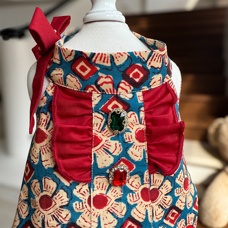 Vintage Floral Cotton Dog Dress with Red Ruffle Trim Bow & Jewel Accents Bohemian Princess Outfit for Small Dogs