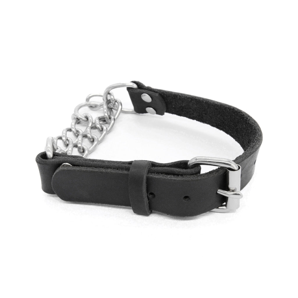 Genuine Full Grain Leather Martingale Dog Collar Adjustable Stainless Steel Chain No Pull Training Collar for Medium Large Dogs