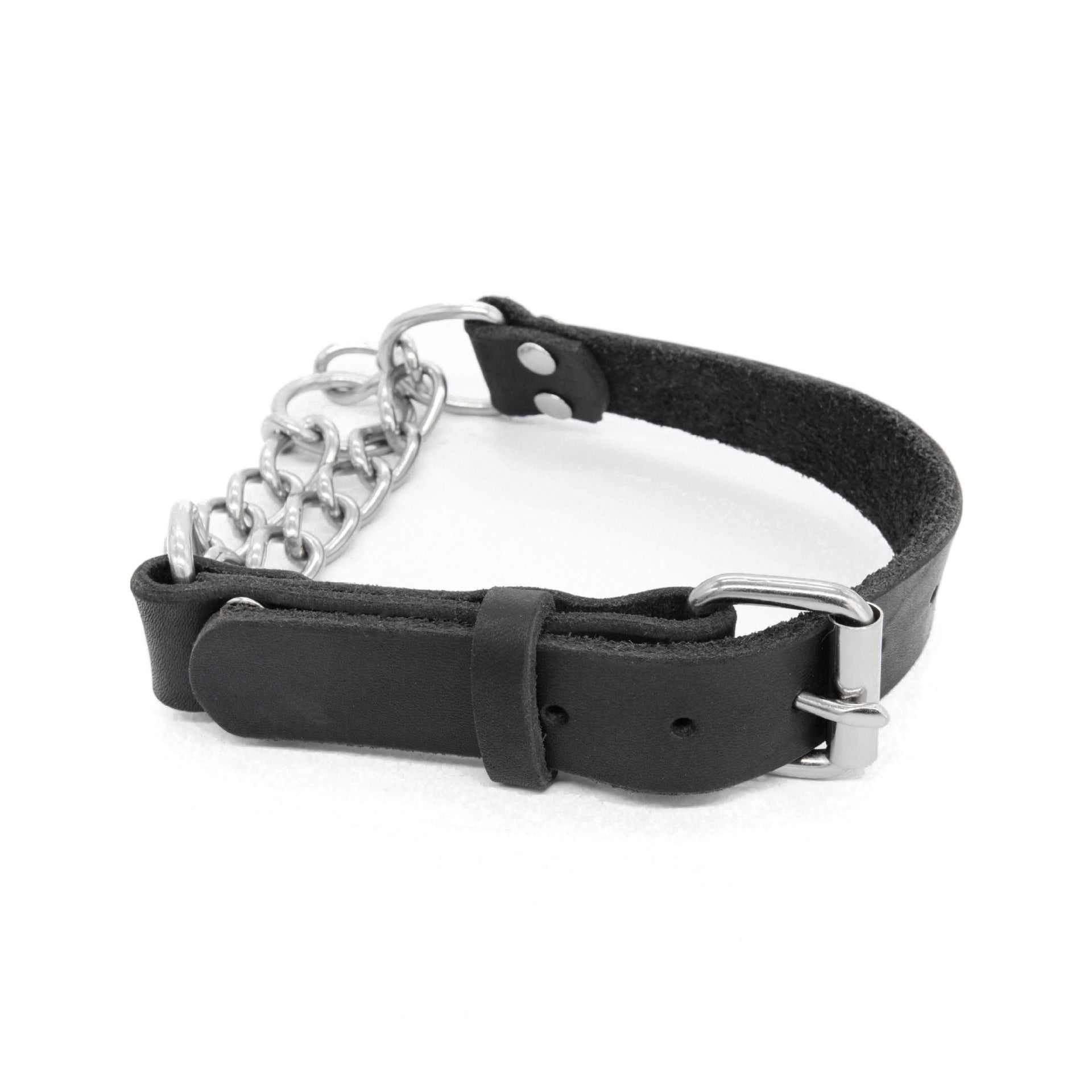 Genuine Full Grain Leather Martingale Dog Collar Adjustable Stainless Steel Chain No Pull Training Collar for Medium Large Dogs