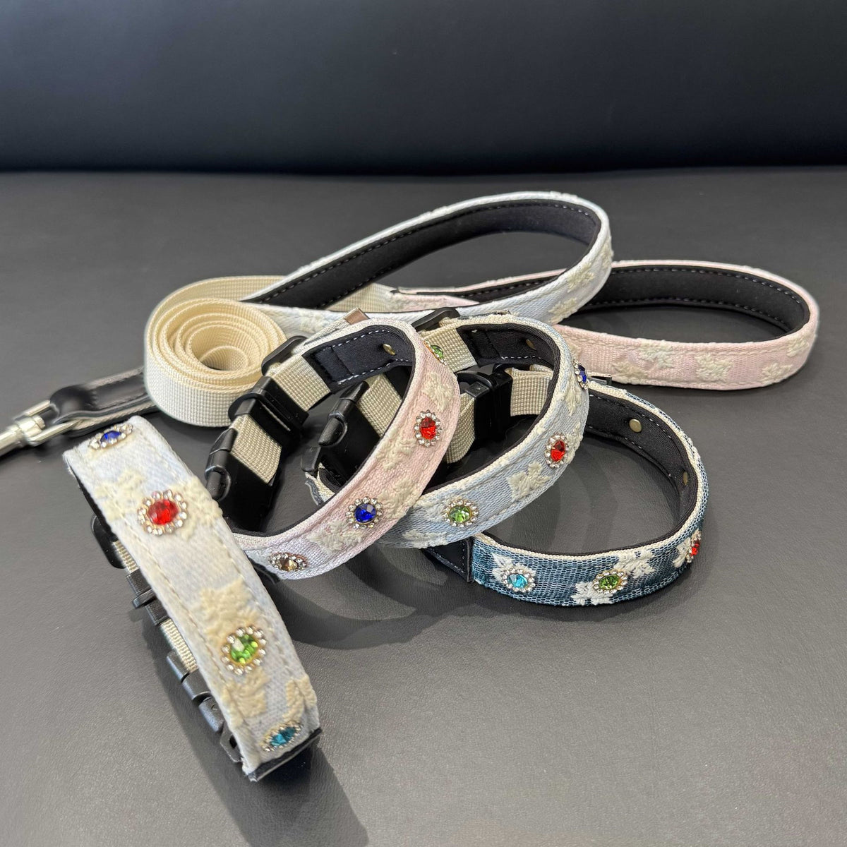 soft pet Lace collar with Colorful Rhinestones cotton Jacquard Dog walking Collar adjustable lightweight pet leads