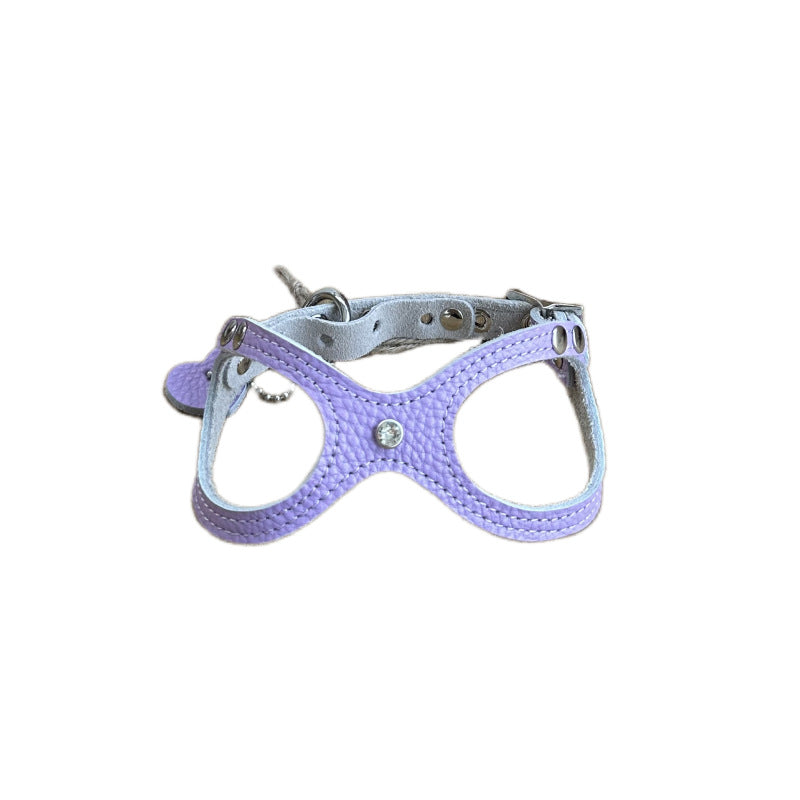 Genuine Leather Lightweight Pet Harness Cute Glasses Shaped Puppy Vest Harness with Heart Tag Adjustable Small Dog Cat Walking Harness