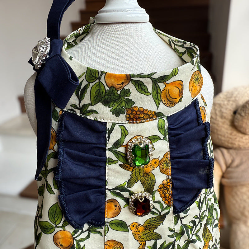 Cotton Dog Dress with Navy Ruffle Trim Bow & Jewel Accents Elegant Birthday Party Outfit for Small Breeds