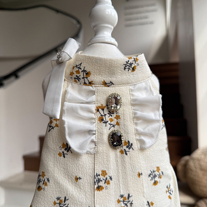 Cotton Floral Ruffle Dog Dress with Bow & Rhinestone Princess Outfit for Dog Birthday Party Wedding for Small Breeds Maltese Yorkie