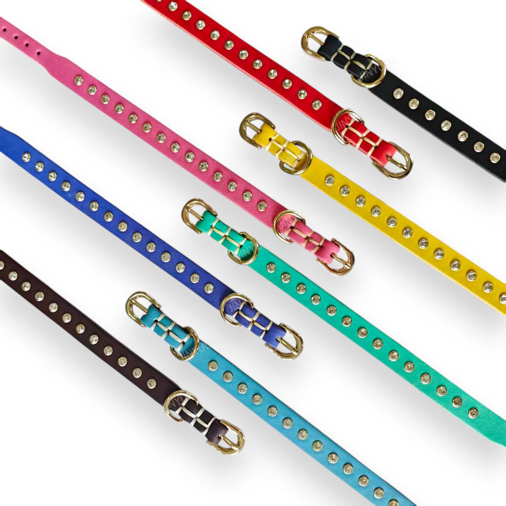 Genuine Leather Dog Collar with  Rhinestone Adjustable Soft Leather Pet Collar Durable no-pull Walking Collar for Small Dogs & Cats