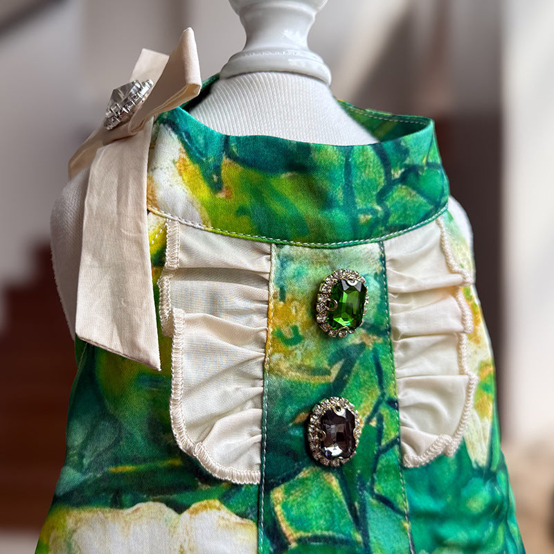 Cotton Green Floral Dog Ruffle Dress with Bow & Emerald Rhinestone Princess Outfit for Maltese Yorkie Shih Tzu Bichon Birthday Wedding Party Wear