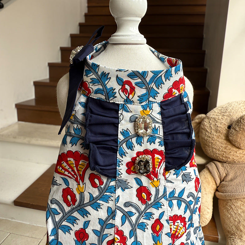 Bohemian Floral Cotton Dog Dress with Navy Ruffle Bow & Sparkling Rhinestone Accents Lightweight Princess Outfit for Small Breeds