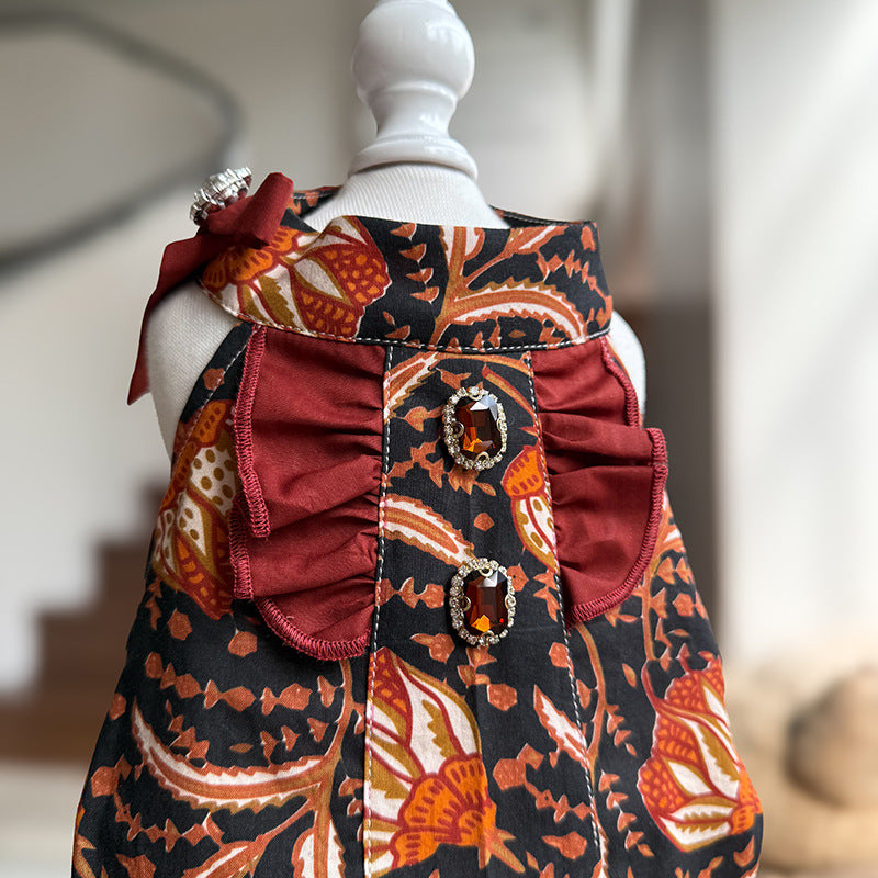 Bohemian Floral Cotton Dog Princess Dress with Red Ruffle Hem Bow & Jewel Accents  Elegant Outfit for Small Breeds Ideal for Birthdays & Weddings