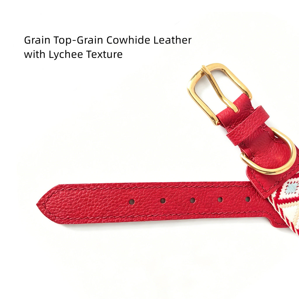 genuine Leather with 3.8cm wide webbing Dog Collar and Leash Geometric Woven Adjustable Pet Collar dog Walking Collar Leash