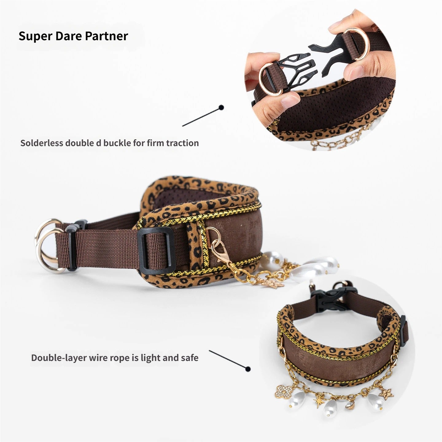 Wide Padded Leopard Dog Collar with detachable pearl necklace