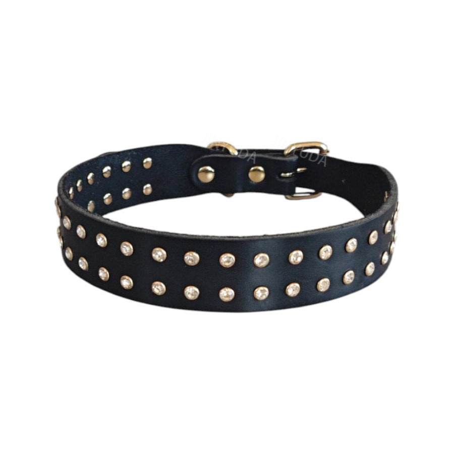 genuine Leather Rhinestone Dog Collar Double Row Crystal Studded Adjustable Bling Pet Collar for Small Medium Large Dogs