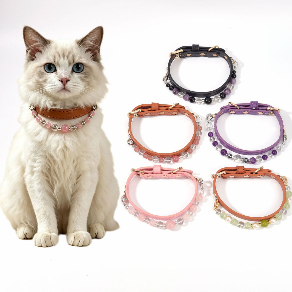 The collar strap is crafted from soft PU leather, adorned with beads made of genuine natural crystal.