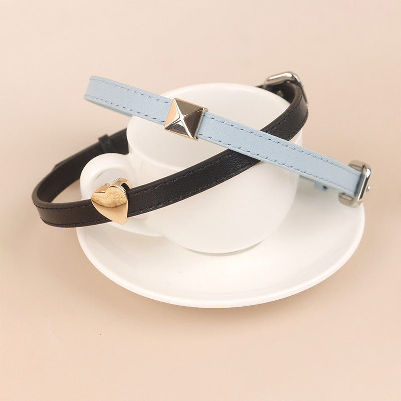 Genuine Leather Cat Collar Adjustable Soft Cow Leather Kitten Collar with Cute Metal Charms Comfortable Pet Collar for Small Cats Kittens Daily Walking