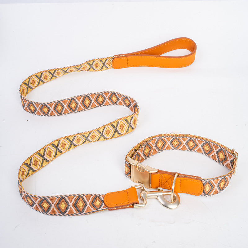 Boho Jacquard Woven Dog Collar and Leash Set PU Leather Reinforced Adjustable Anti Pull Pet Collar and  leash