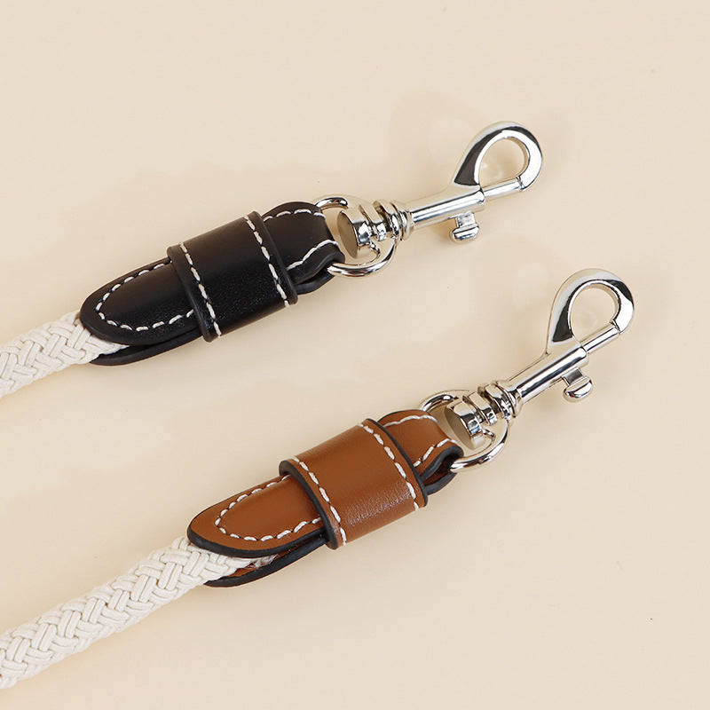 Braided Cotton Rope Dog Leash with Genuine Leather Handle Heavy Duty Anti-Pull Walking Lead Soft Comfortable Pet Training Leash