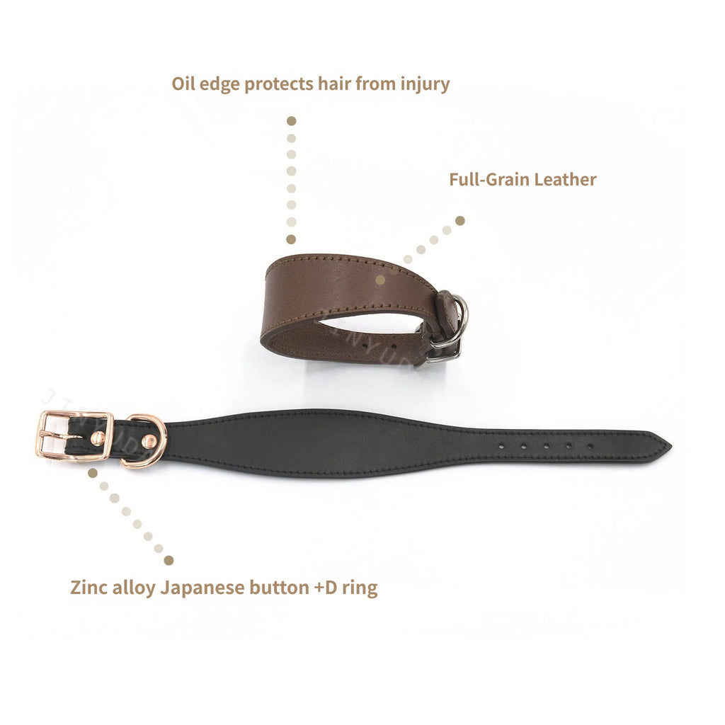 Wide Cowhide Leather Dog Collar Adjustable Heavy Duty Anti-Pull Shock Resistant Collar Soft Wide Neck Collar for Greyhound Whippet Long Neck Breeds