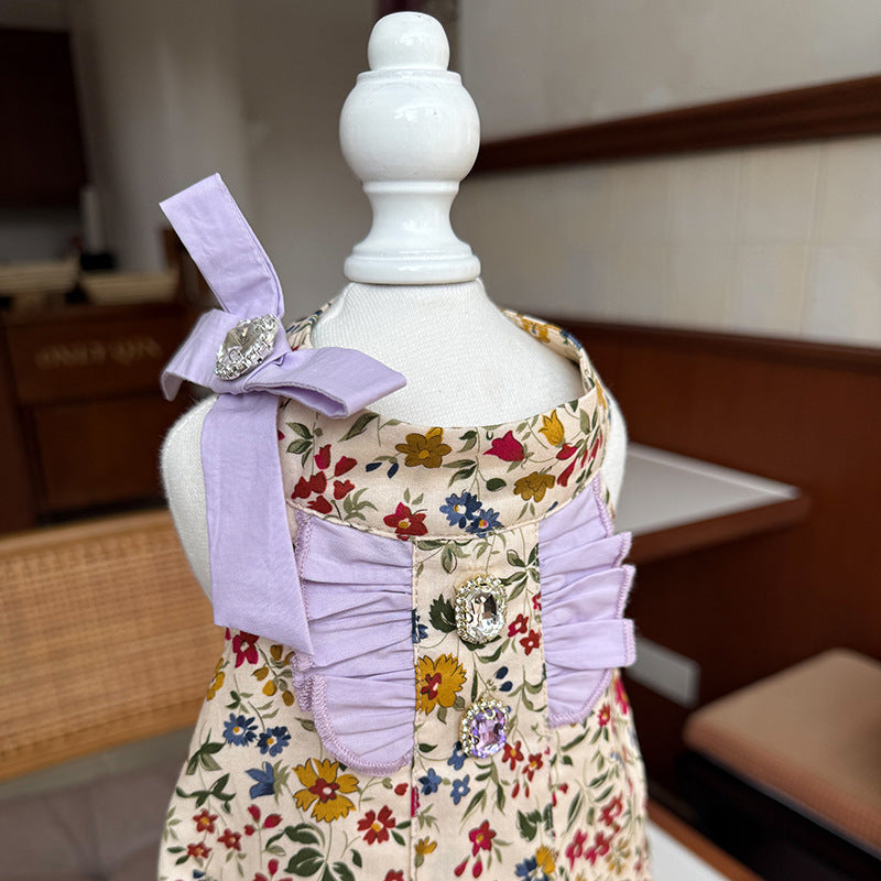 Halter Vintage Floral Cotton Puppy Dress with Lilac Gem Bow for Small Girl Dogs