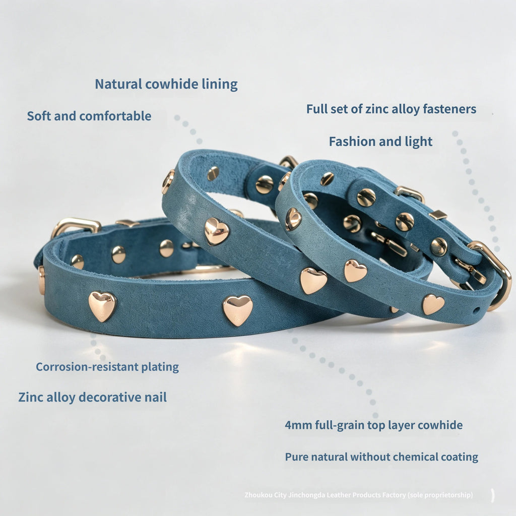 Genuine Full-Grain Leather Dog Collar Gold Heart Rivets Decor adjustable Pet Collar heavy duty no pull dog walking collar