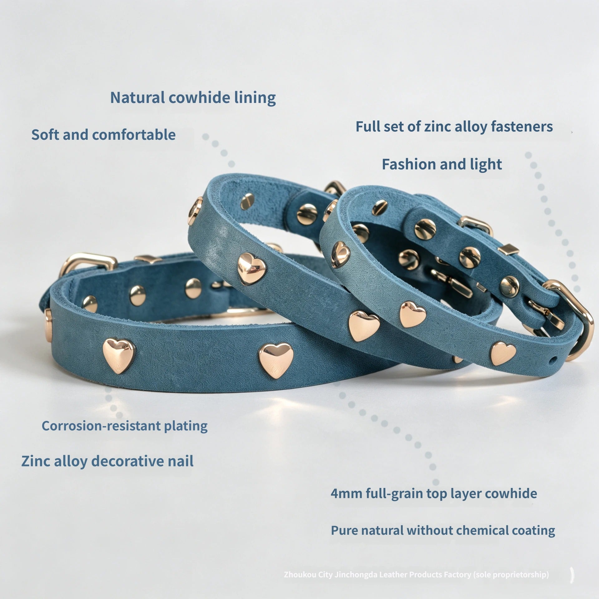 Genuine Full-Grain Leather Dog Collar Gold Heart Rivets Decor adjustable Pet Collar heavy duty no pull dog walking collar