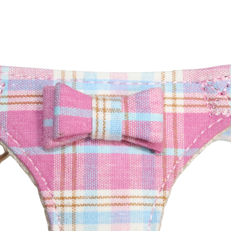 plaid pet harness and leash set with bow detail