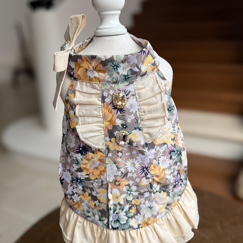 Cotton Vintage Floral Ruffle Dog Dress with Bow & Rhinestone Princess Party Wedding Outfit for Maltese Yorkie Shih Tzu Bichon