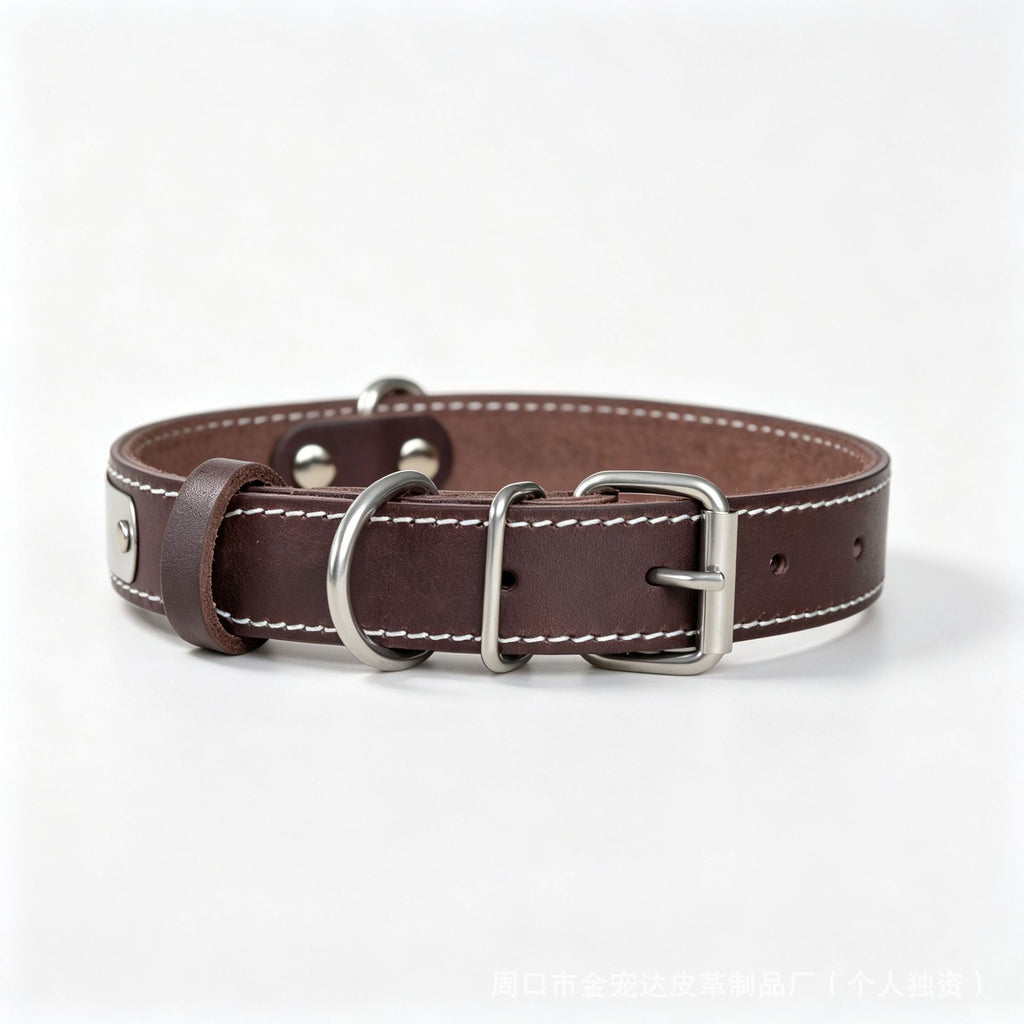 Genuine Leather Dog Collar with Custom Stainless Steel Name Plate Adjustable Heavy Duty Anti‑Pull Pet Collar for Daily Walking