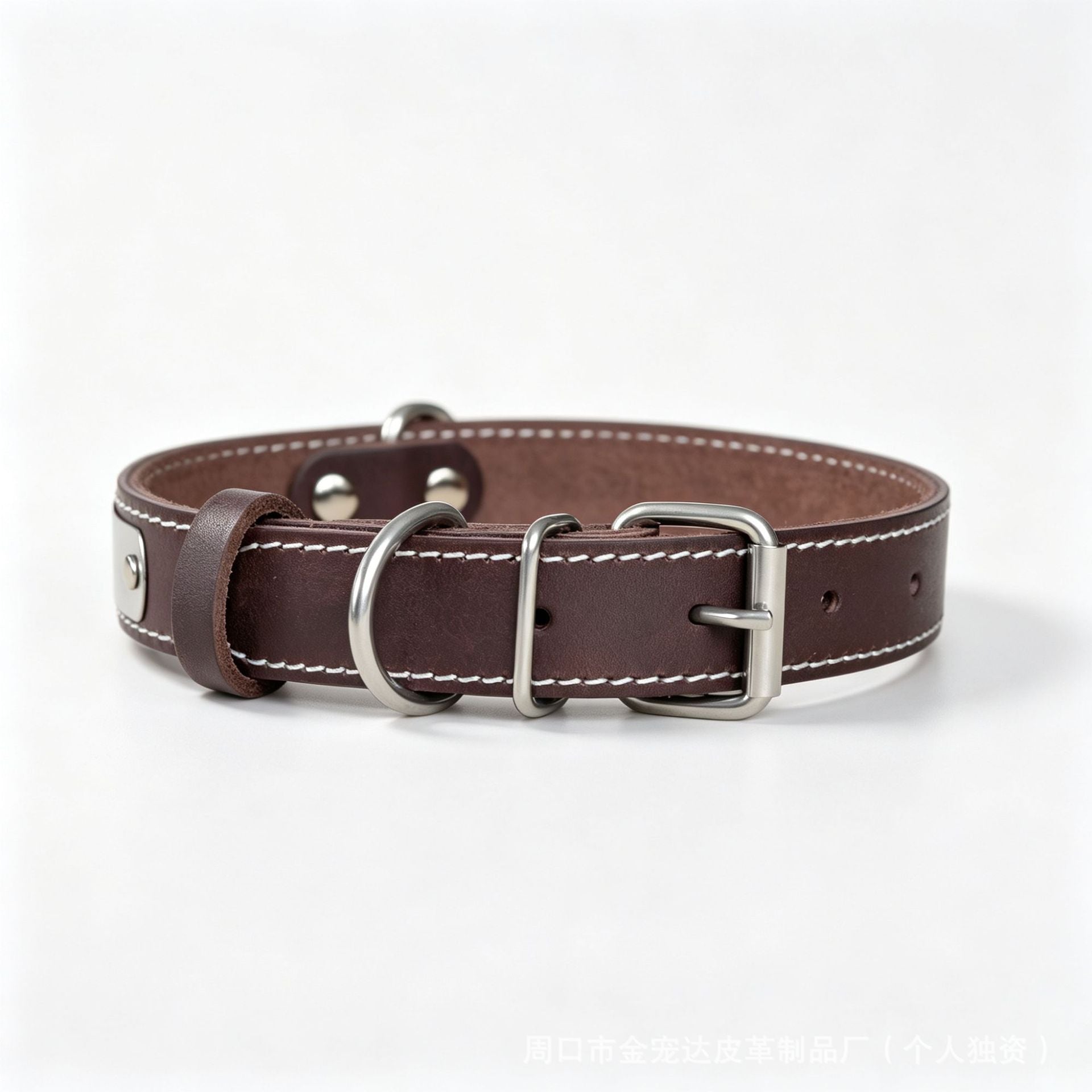 Genuine Leather Dog Collar with Custom Stainless Steel Name Plate Adjustable Heavy Duty Anti‑Pull Pet Collar for Daily Walking