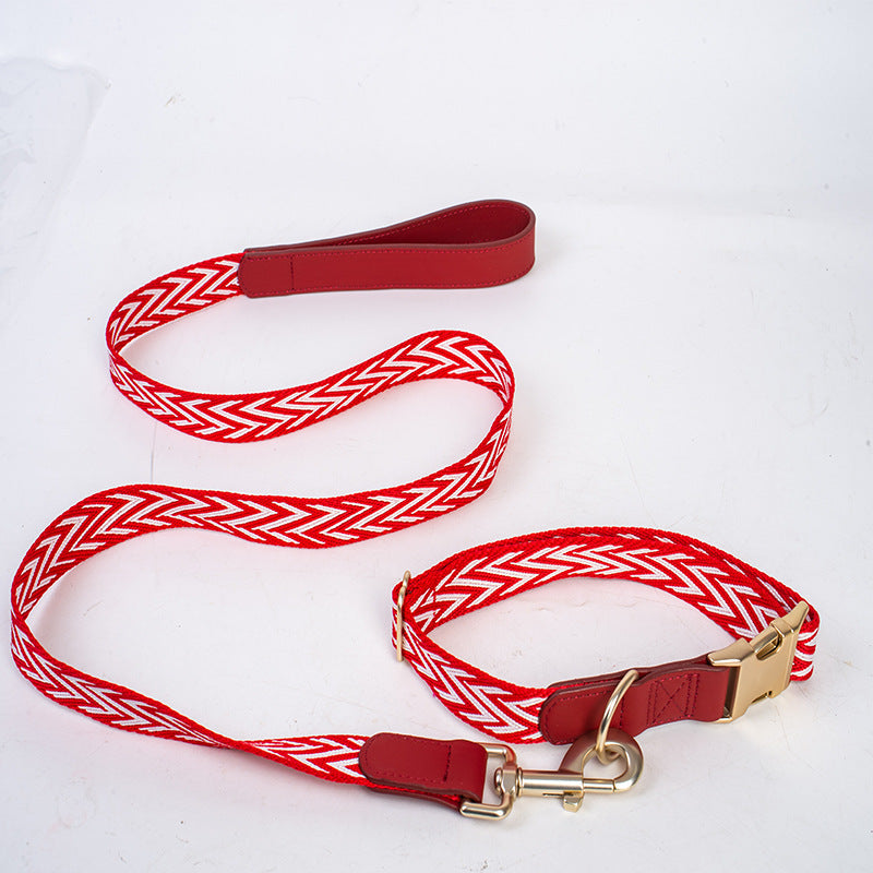 striped Webbing Dog Collar and Leash Set PU Leather Trim Adjustable Pet Collar Jacquard Woven Boho Dog Collar