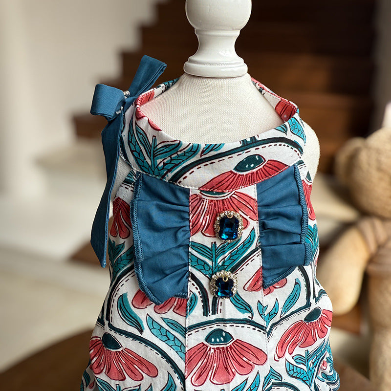 Bohemian Floral Cotton Dog Dress with Teal Ruffle Bow & Sparkling Rhinestone Accents  Lightweight Princess Outfit for Small Breeds